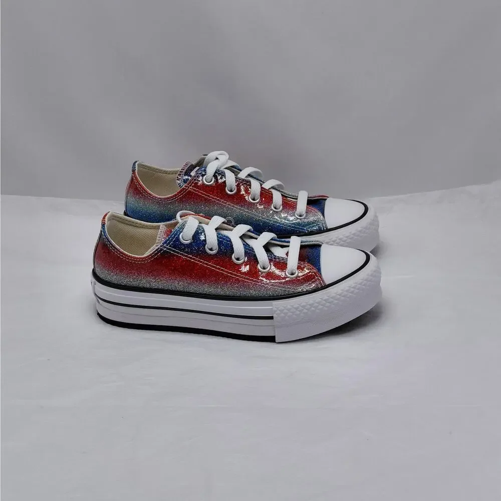 Converse All Star Girls Sneakers Size 1 Red Blue Glitter Low Top Back to School
